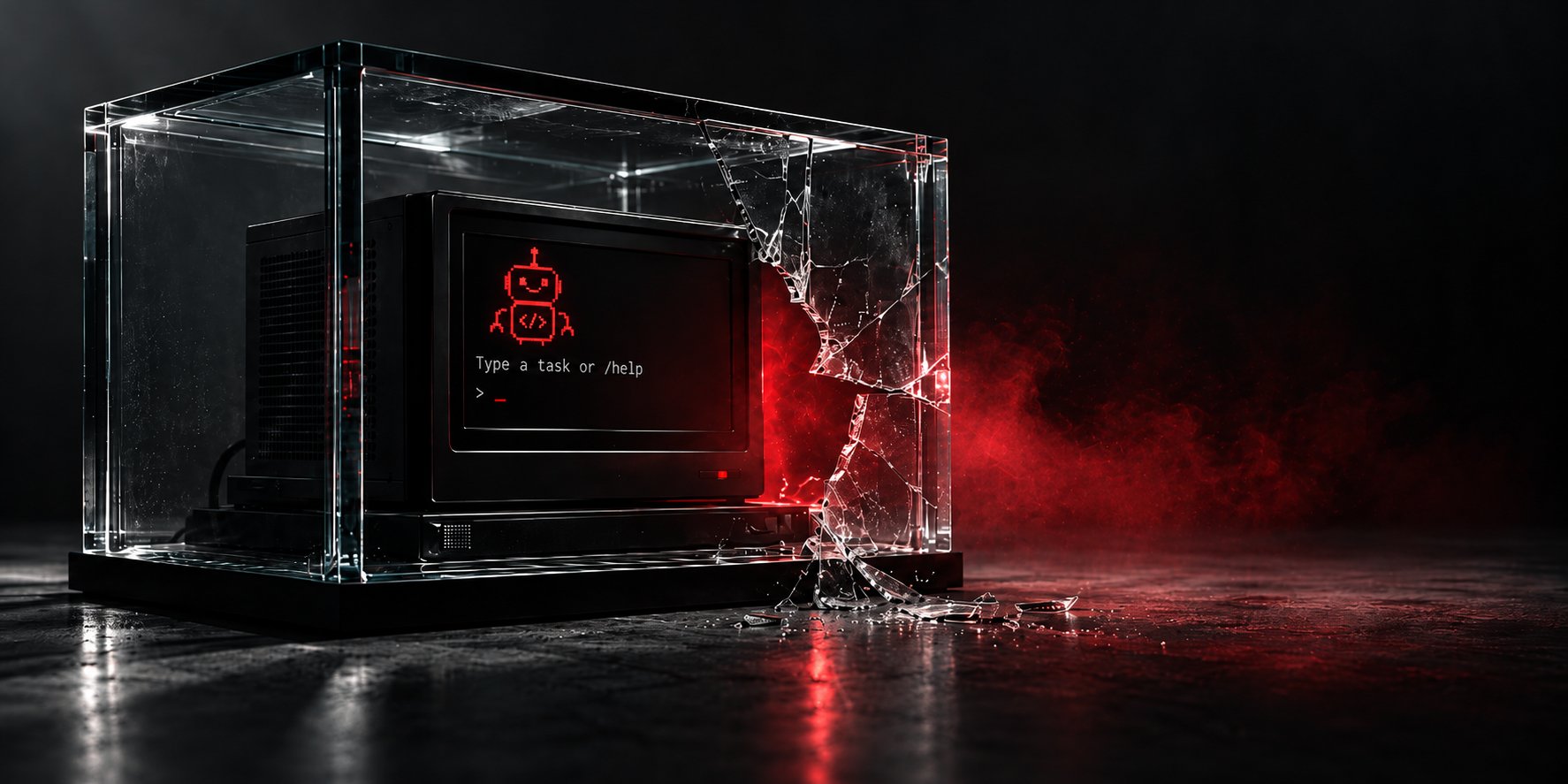 An image depicting a screen running a coding agent CLI tool inside a broken glass sandbox.